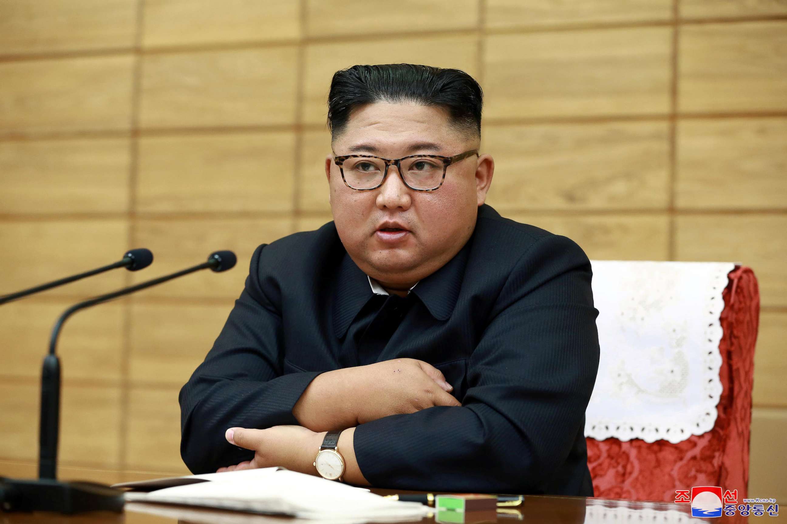 PHOTO: Kim Jong Un attends the Emergency Convocation of the Central Military Committee Emergency Expansion Meeting of the Workers' Party of North Korea in this undated photo released Sept. 6, 2019, by North Korea's Korean Central News Agency.
