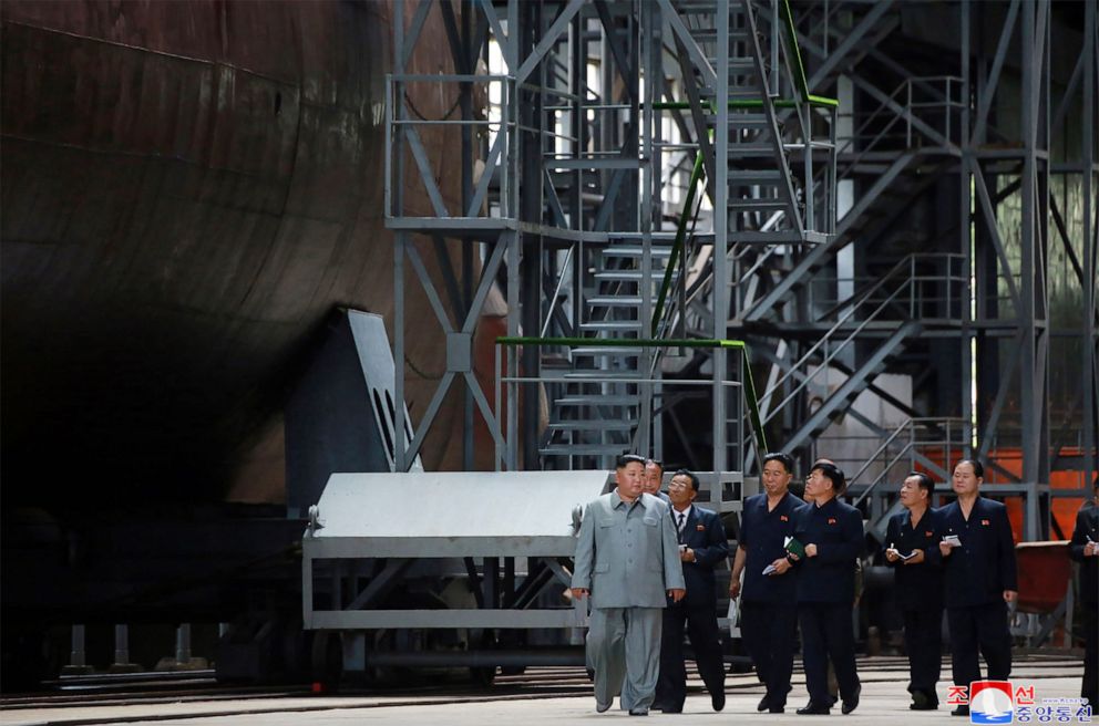 PHOTO:This undated picture released from North Korea's official Korean Central News Agency on July 23, 2019 shows North Korean leader Kim Jong Un inspecting a newly built submarine at an undisclosed location.