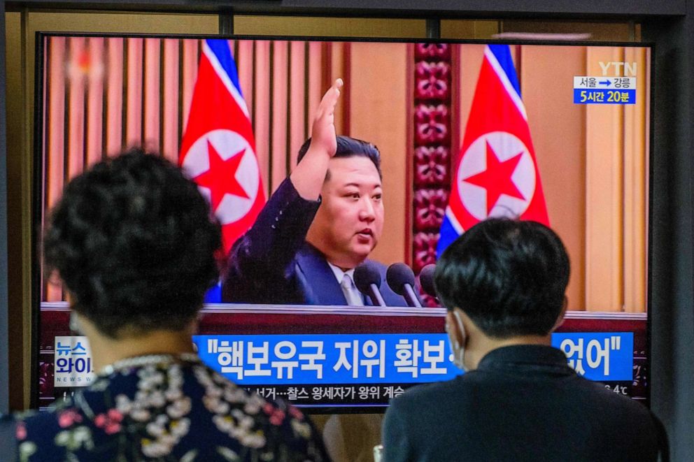 PHOTO: This file photo taken on on Sept. 9, 2022 shows file footage of North Korean leader Kim Jong Un on a television screen at a train station in Seoul, South Korea. 