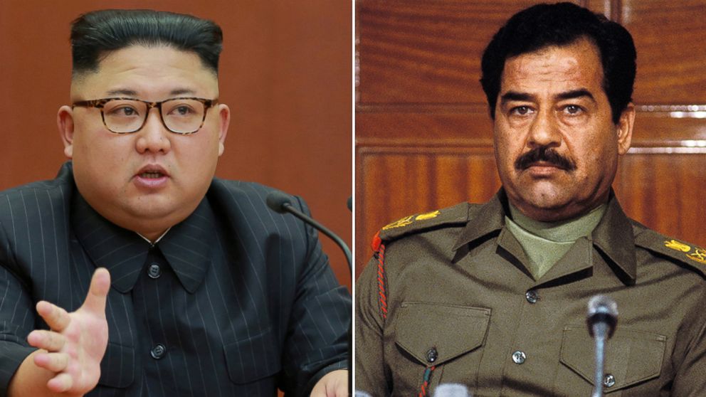 PHOTO: North Korean leader Kim Jong Un, left, former president of Iraq Saddam Hussein.