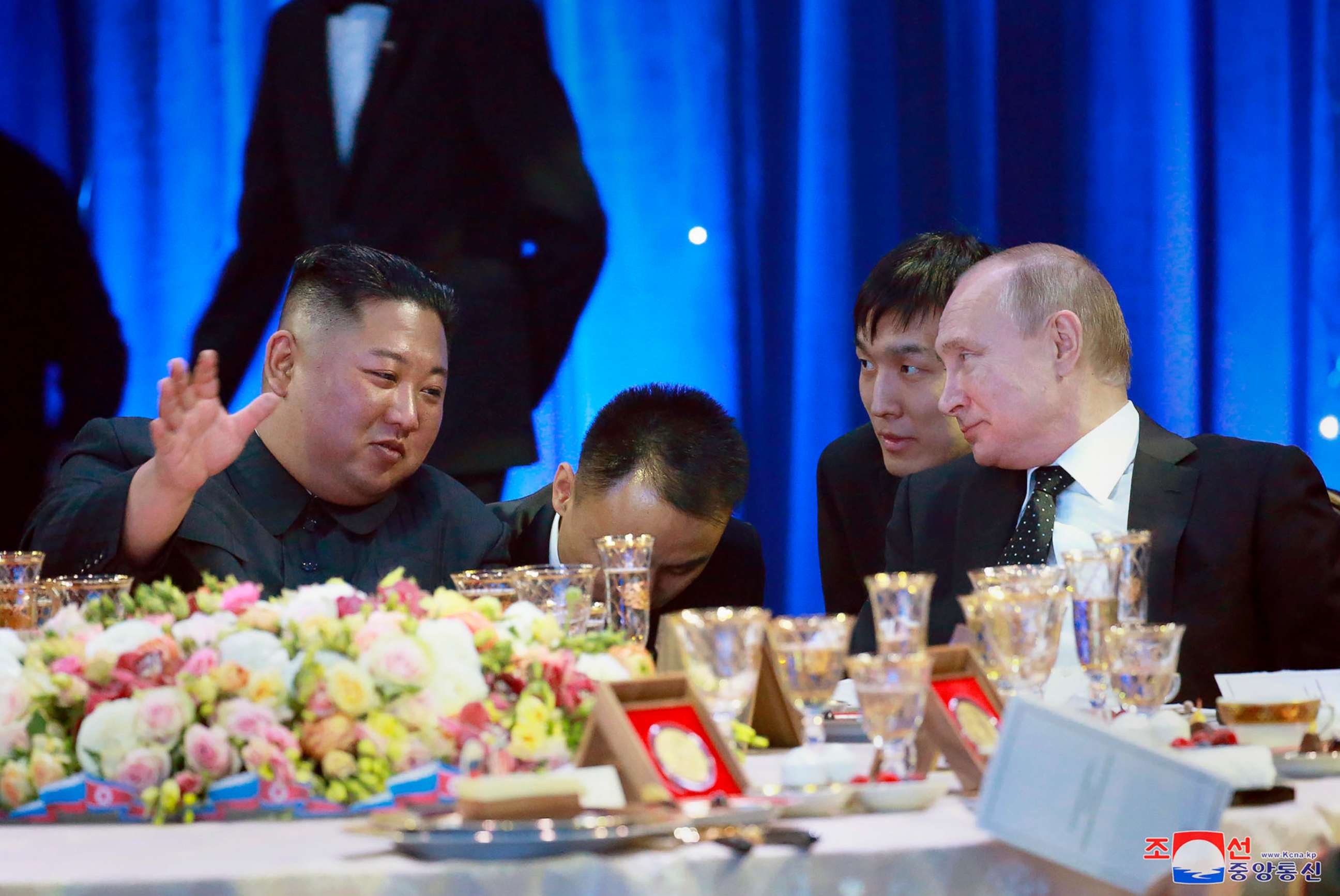 PHOTO: North Korean leader Kim Jong Un, left, speaks with Russian President Vladimir Putin in Vladivostok, Russia, April 25, 2019 in a photo provided by the North Korean government.