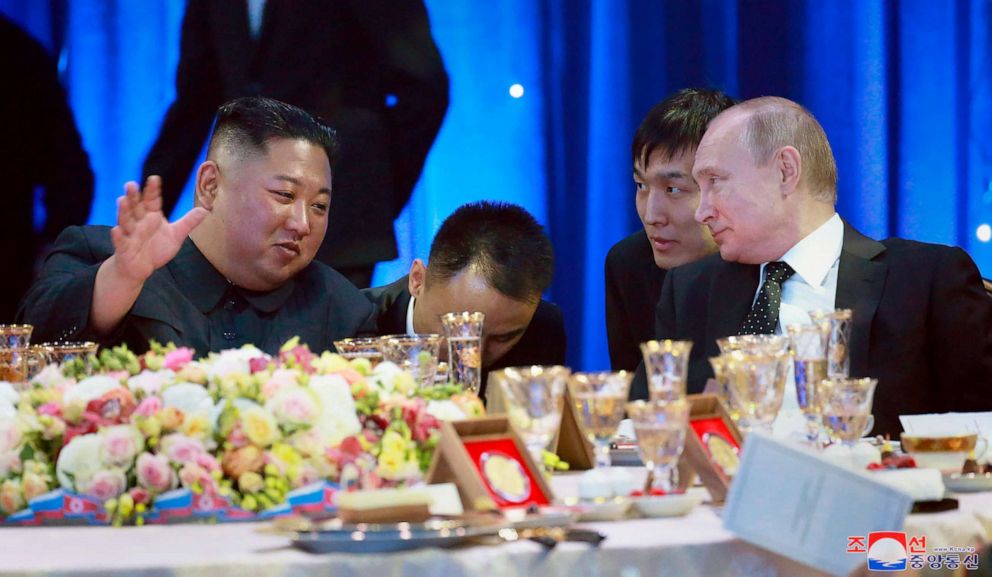 PHOTO: North Korean leader Kim Jong Un, left, speaks with Russian President Vladimir Putin in Vladivostok, Russia, April 25, 2019 in a photo provided by the North Korean government.