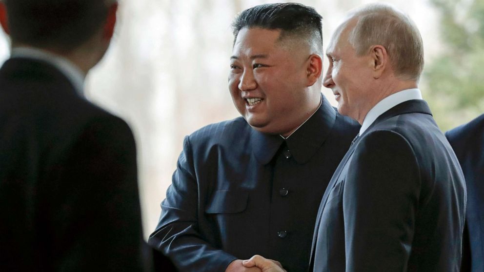 PHOTO: Russian President Vladimir Putin, right, and North Korea's leader Kim Jong Un shake hands during their meeting in Vladivostok, Russia, April 25, 2019.