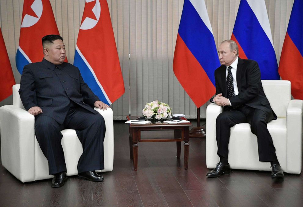 PHOTO: TOPSHOT - Russian President Vladimir Putin meets with North Korean leader Kim Jong Un at the Far Eastern Federal University campus on Russky island in the far-eastern Russian port of Vladivostok on April 25, 2019.
