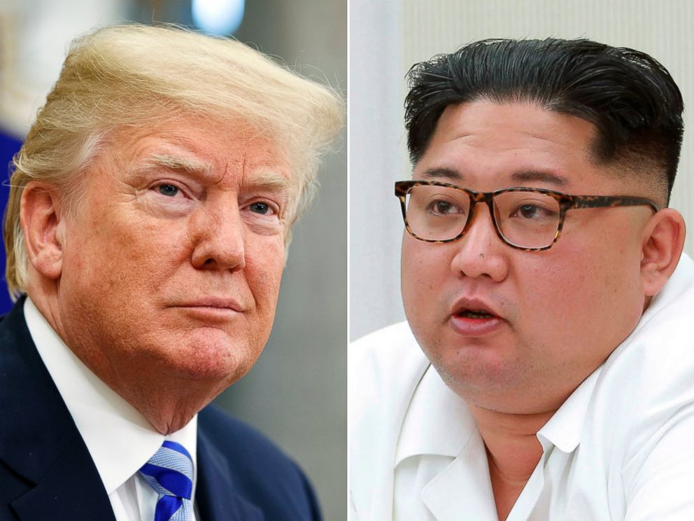 This combination of file photos show U.S. President Donald Trump, left, in the Oval Office of the White House in Washington on May 16, 2018, and North Korean leader Kim Jong Un during a meeting in North Korea, in the photo provided on May 18, 2018.