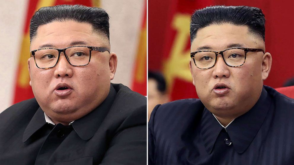 PHOTO: FPhotos provided by the North Korean government, show North Korean leader Kim Jong Un on Feb. 8, 2021, left, and June 15, 2021, right, at Workers' Party meetings in Pyongyang, North Korea.