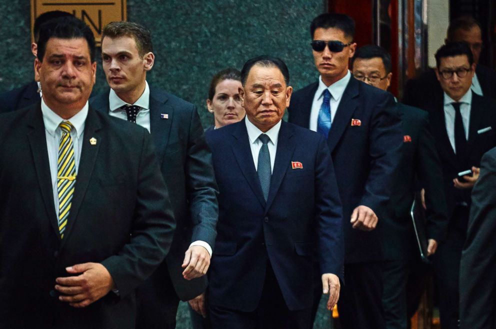 PHOTO: North Korean envoy Kim Yong Chol, center, leaves a hotel in New York, May 30, 2018.