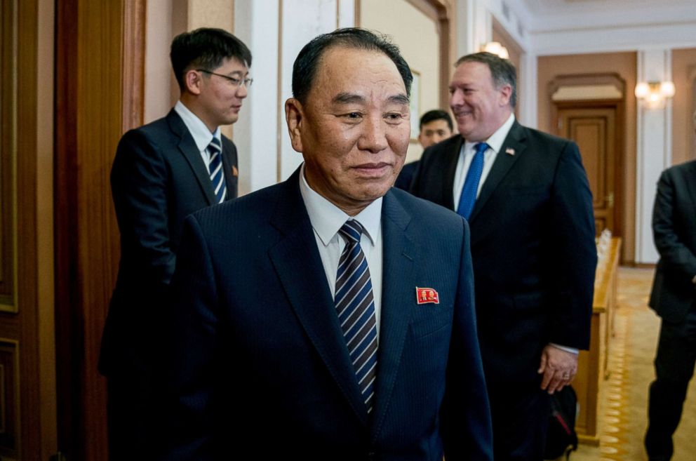 PHOTO: U.S. Secretary of State Mike Pompeo, rear right, and Kim Yong Chol, front center, a North Korean senior ruling party official and former intelligence chief, arrive for a meeting at the Park Hwa Guest House in Pyongyang, North Korea, July 6, 2018.