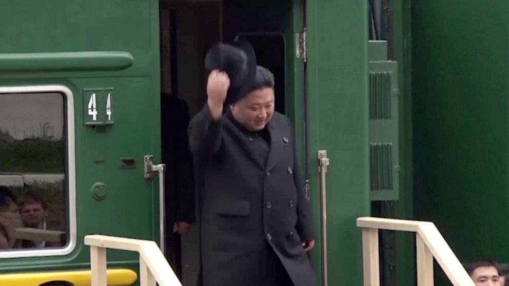 PHOTO: North Korean leader Kim Jong Un gets off a train upon arrival at Khasan train station in Primorye region, Russia, Wednesday, April 24, 2019.