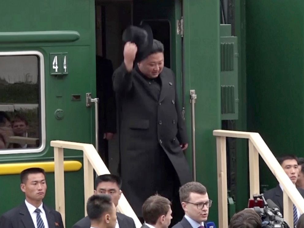 PHOTO: North Korean leader Kim Jong Un gets off a train upon arrival at Khasan train station in Primorye region, Russia, Wednesday, April 24, 2019.