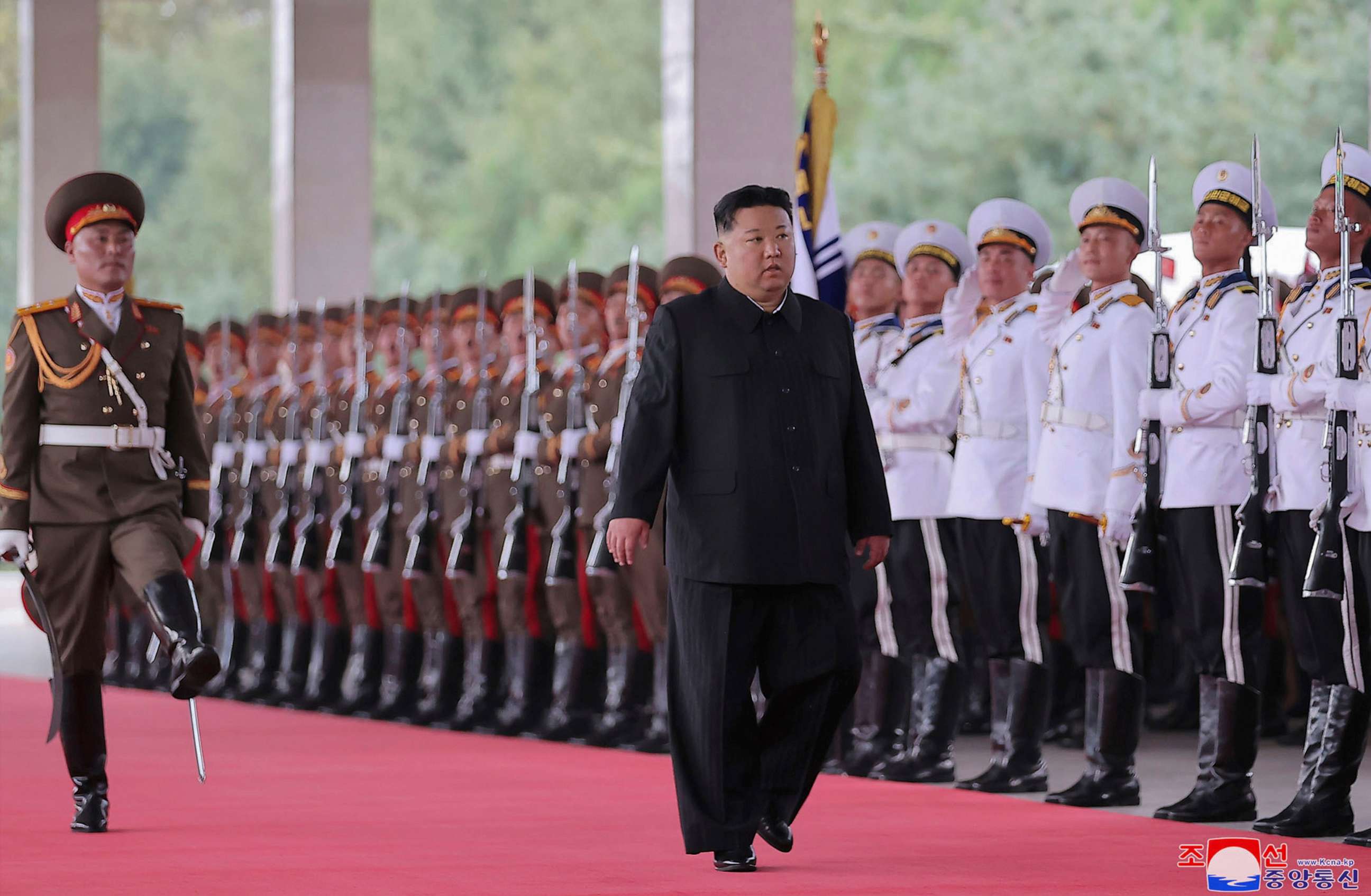 PHOTO: This Sunday, Sept. 10, 2023, photo provided by the North Korean government, shows that North Korea leader Kim Jong Un greets attendants in Pyongyang, North Korea, before boarding on a train to Russia.