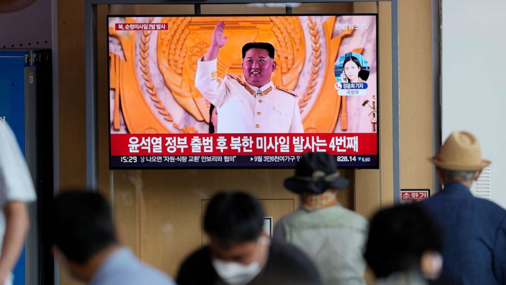 PHOTO: A TV screen showing a news program reporting about North Korea's missile launch with a file footage of North Korean leader Kim Jong Un, is seen at the Seoul Railway Station in Seoul, South Korea, on Aug. 17, 2022.