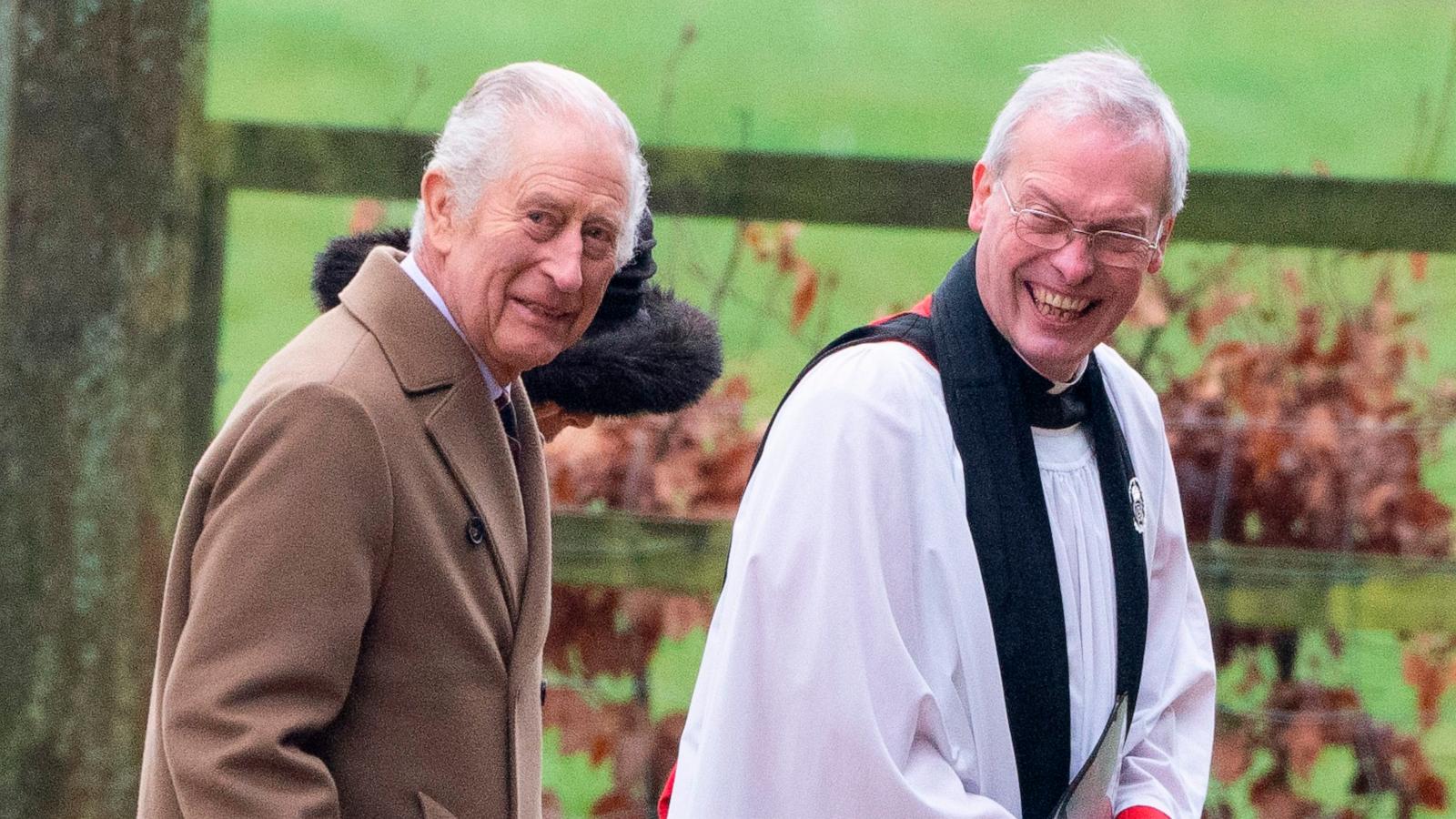 PHOTO: King Charles III and Queen Camilla with The Reverend Canon Dr Paul Williams attend the Sunday service at the Church of St Mary Magdalene on the Sandringham estate, Feb. 11, 2024, in Sandringham, Norfolk.