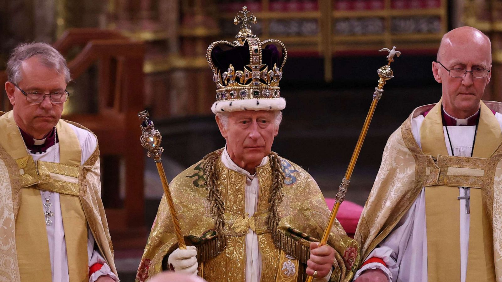 PHOTO: Britain's King Charles III with the St Edward's Crown on his head attends the Coronation Ceremony inside Westminster Abbey in central London, May 6, 2023.