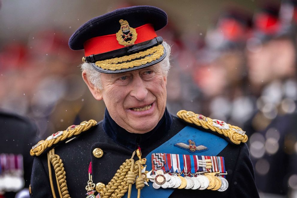 PHOTO: King Charles III inspects the 200th Sovereign's parade at Royal Military Academy Sandhurst on April 14, 2023 in Camberley, England.