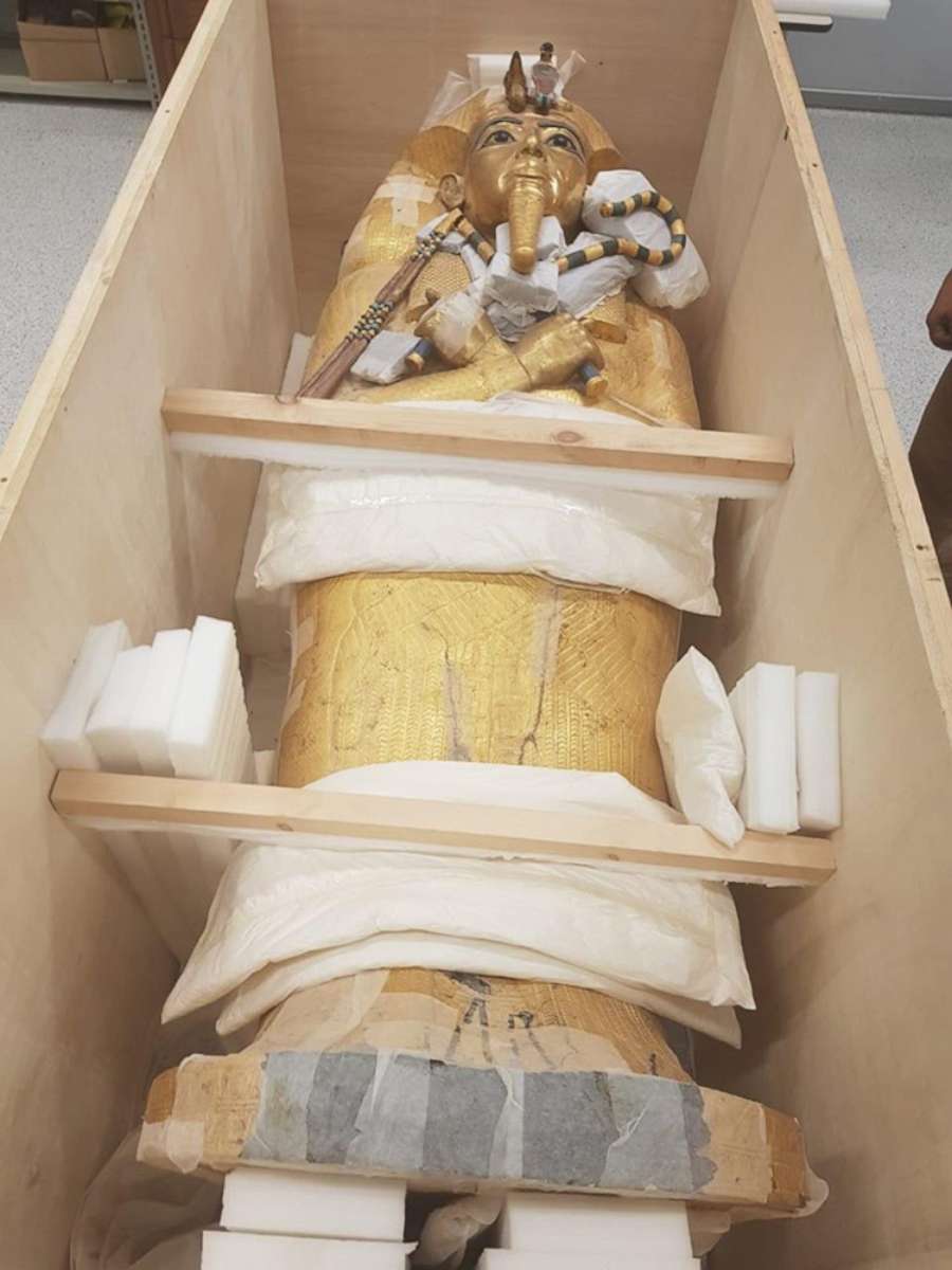 PHOTO: A handout photo made available by Egyptian Ministry Of Antiquities on July 17, 2019, shows King Tutankhamun's gold coffin after it was transported to undergo a restoration process at the Grand Egyptian Museum in Cairo.