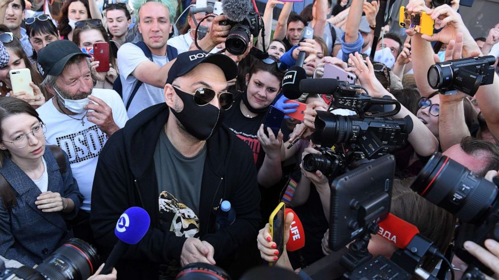 PHOTO: Russian theatre and film director Kirill Serebrennikov speaks to journalists outside a court building in Moscow on June 26, 2020.