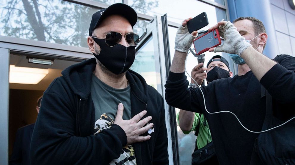 PHOTO: Russian film and theater director Kirill Serebrennikov, wearing a face mask to protect against coronavirus, leaves the Meshchansky court after hearings in Moscow, June 26, 2020.