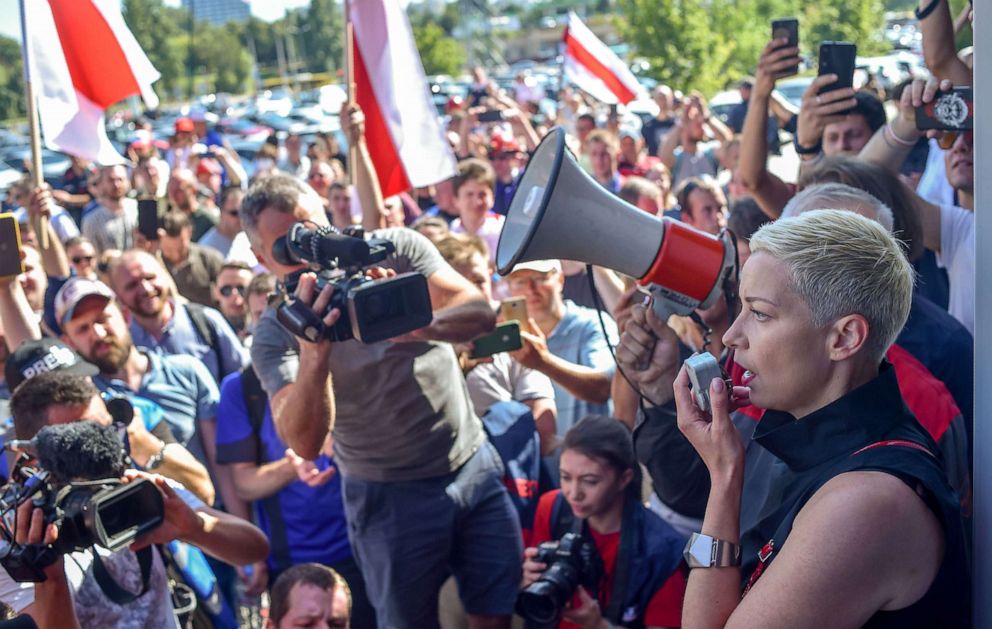 PHOTO: Maria Kolesnikova speaks during a rally in Minsk, Belarus, Aug. 17, 2020.