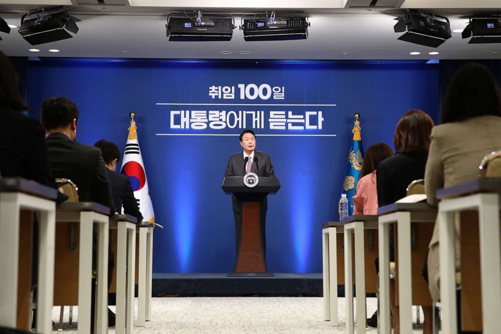 PHOTO: South Korean President Yoon Suk-yeol delivers a speech during his news conference to mark his first 100 days in office in Seoul on Aug. 17, 2022.