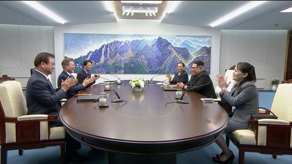 PHOTO: South Korean President Moon Jae-in and North Korean leader Kim Jong Un attend the inter-Korean summit at the truce village of Panmunjom, April 27, 2018.