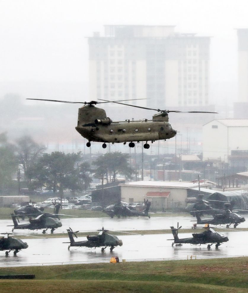PHOTO: A Chinook chopper flies over the U.S. army base Camp Humphreys in Pyeongtaek, 44 miles south of Seoul, April 23, 2018.