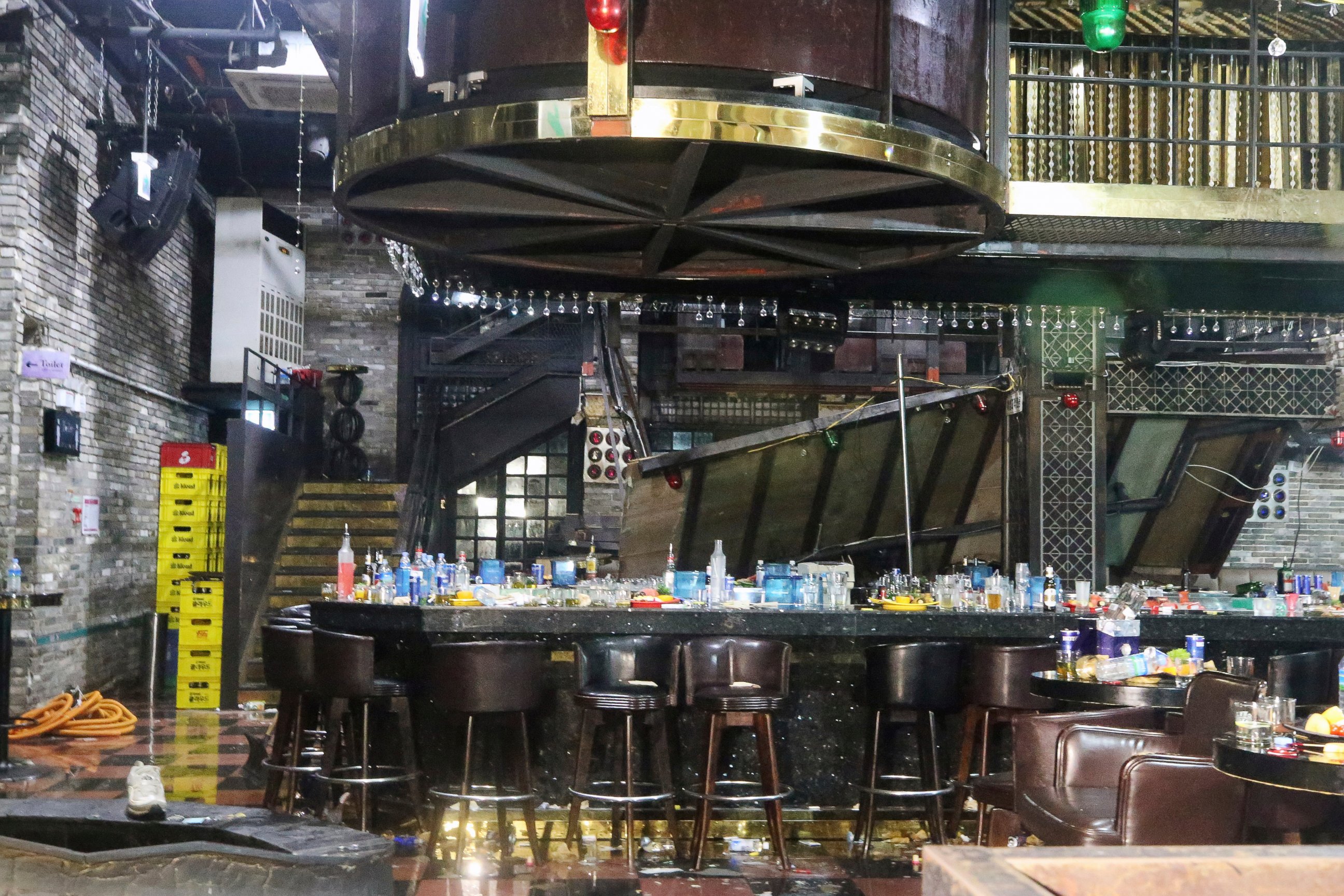 PHOTO: A collapsed internal balcony is seen at a nightclub in Gwangju, South Korea, Saturday, July 27, 2019. Members of the U.S. national water polo team were in a nightclub on Saturday when an internal balcony collapsed, killing at least two people.