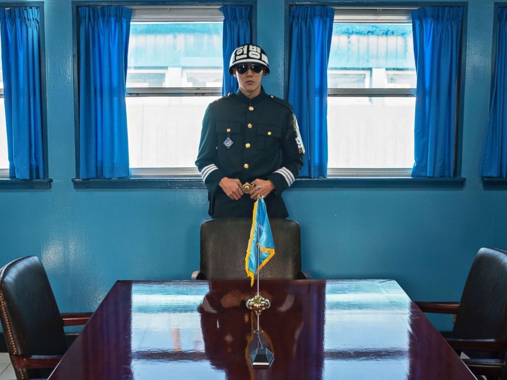 PHOTO: A South Korean soldier stands guard inside the joint security area conference room in the border village of Panmunjom between South and North Korea at the Demilitarized Zone (DMZ) on Oct. 14, 2017 in Panmunjom, South Korea.