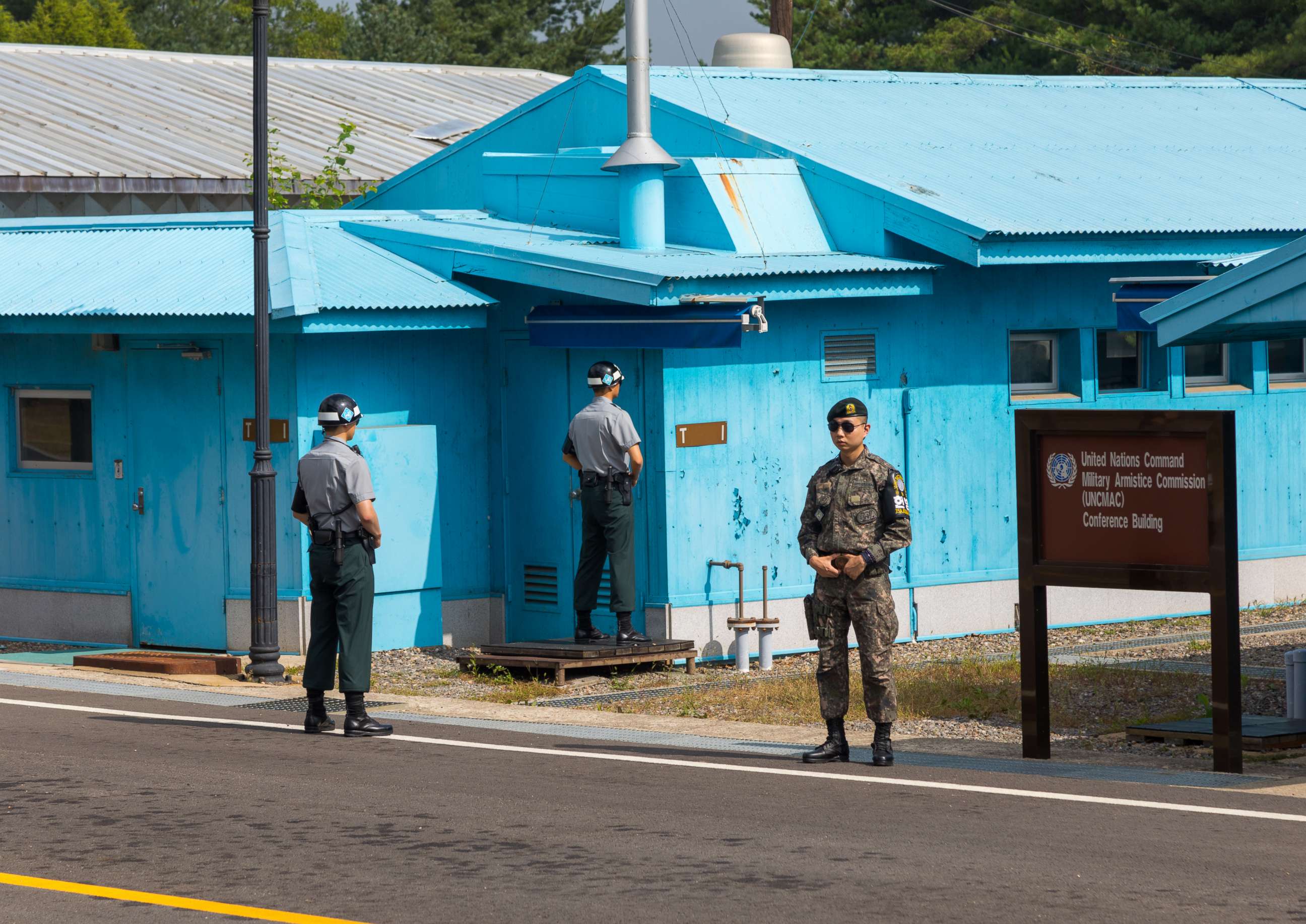 PHOTO: South Korean soldiers in the joint security area on the border between the two Koreas, North Hwanghae Province, Panmunjom, South Korea on Sept. 8, 2017 in Panmunjom, South Korea.