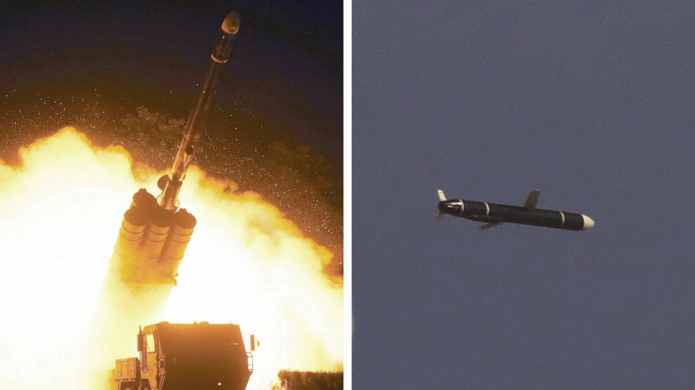 PHOTO: The Academy of National Defense Science conducts long-range cruise missile tests in North Korea, in undated, unverified photos supplied by North Korea's Korean Central News Agency (KCNA) on Sept. 13, 2021.