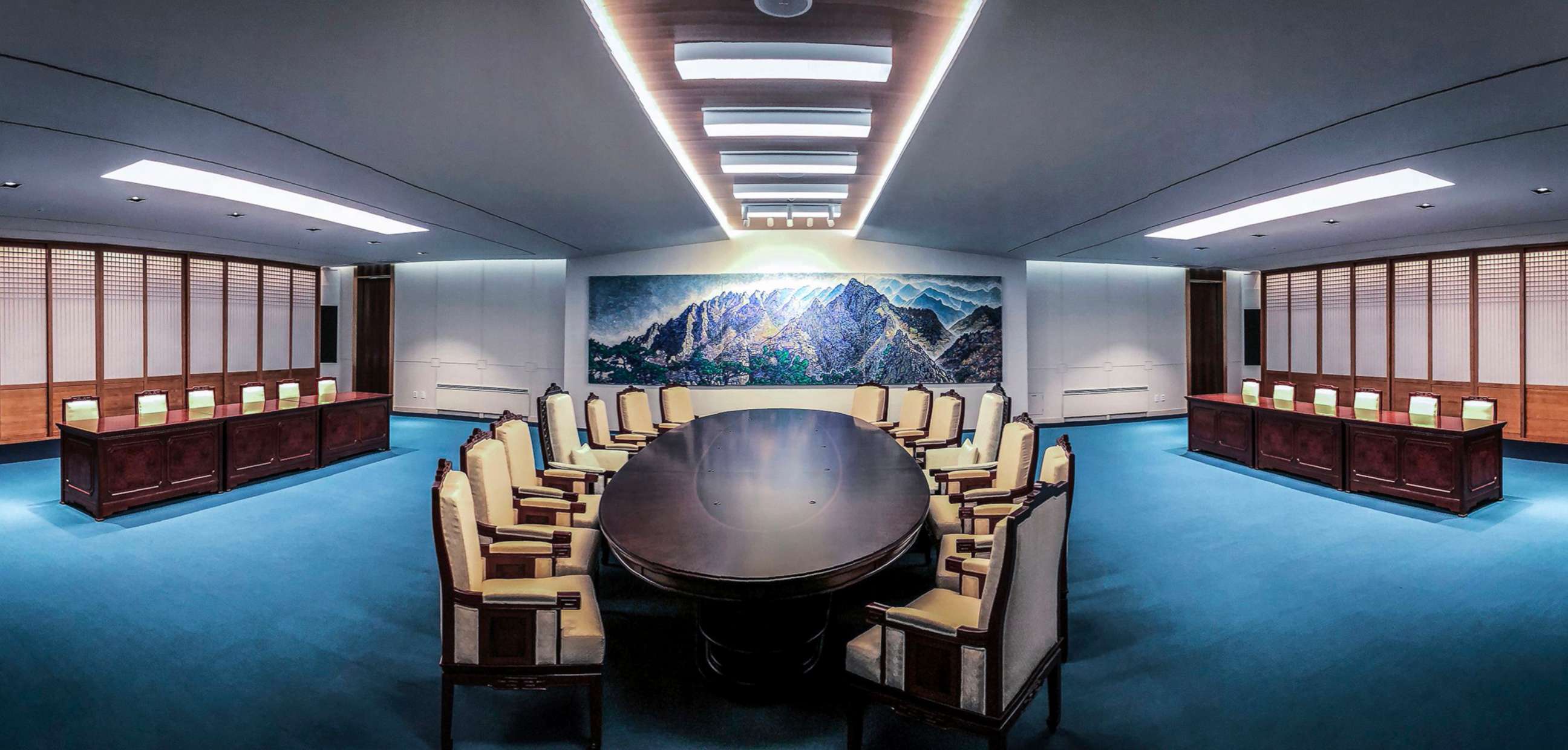 PHOTO: The meeting room for the upcoming inter-Korean summit at the border truce village of Panmunjom in the Demilitarized zone dividing the two Koreas, released April 25, 2018.