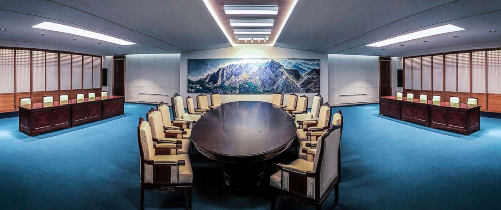PHOTO: The meeting room for the upcoming inter-Korean summit at the border truce village of Panmunjom in the Demilitarized zone dividing the two Koreas, released April 25, 2018.