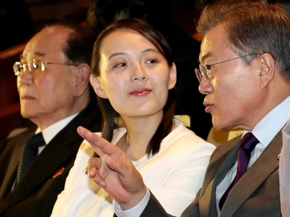 PHOTO: South Korean President Moon Jae-in, right, gestures as he speaks to Kim Yo-jong, the sister to North Korean leader Kim Jong-un. At left is Kim Young Nam, the president of the Presidium of the Supreme People's Assembly of North Korea, Feb. 12, 2018.