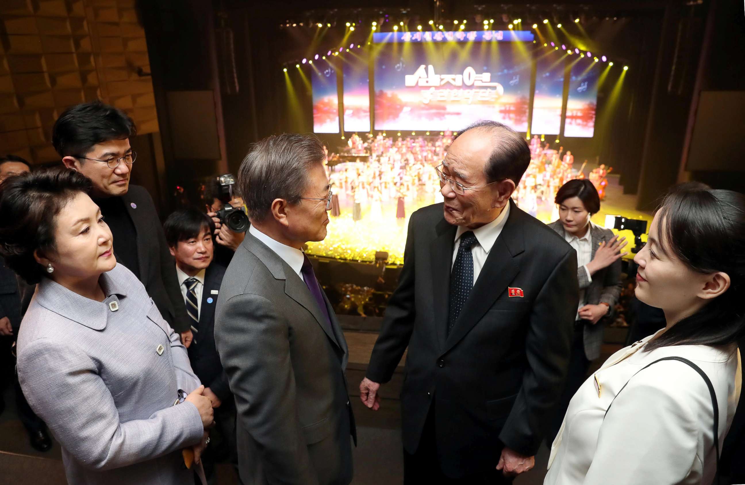 PHOTO: South Korean President Moon Jae-in, left, talks with president of the Presidium of the Supreme People's Assembly of North Korea Kim Young Nam as Kim Yo Jong, the sister of North Korea's leader Kim Jong Un, looks on, Feb. 11, 2018. 