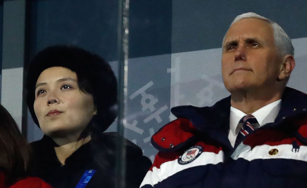 PHOTO: Vice President Mike Pence, right, and North Korea's Kim Yo-Jong, the sister to North Korea's leader, Kim Jong-Un, attend the opening ceremony of the Pyeongchang 2018 Winter Olympic Games, Feb. 9, 2018.
