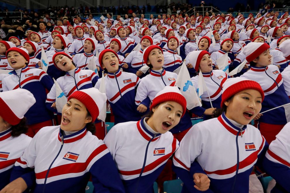PHOTO: North Korean cheerleaders during the Czech Republic vs Korea hockey match, Feb. 15, 2018. 