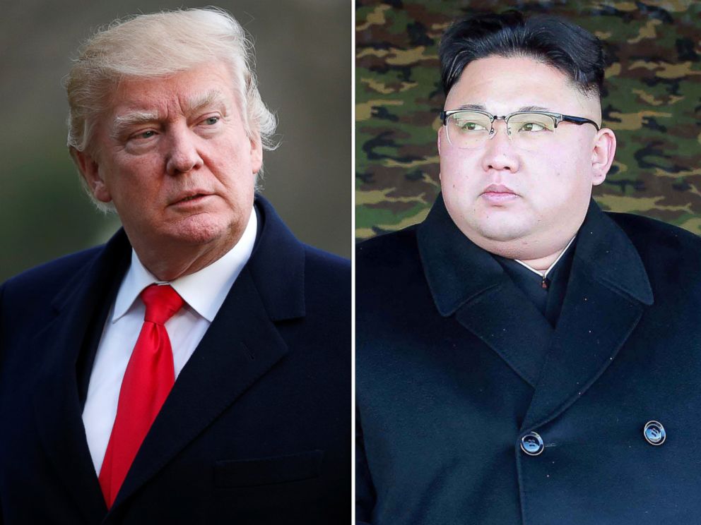 PHOTO: Pictured (L-R) are President Donald Trump in Washington, D.C., March 19, 2017 and North Korean leader Kim Jong-Un in North Korea, in an undated photo released Jan. 28, 2017.