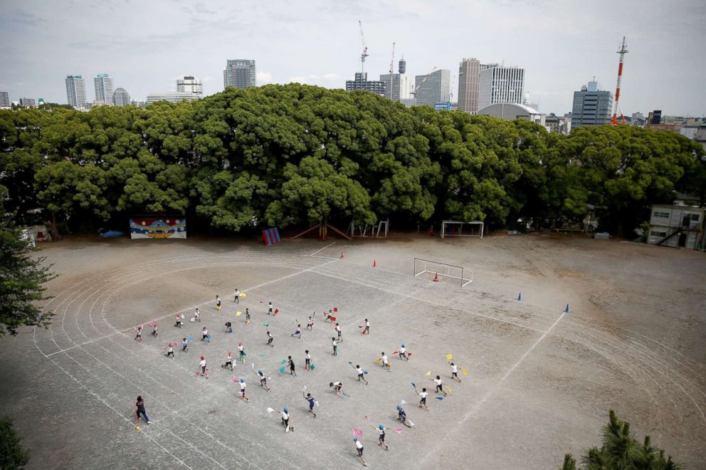 PHOTO: Elementary school students practice a programme for the upcoming sports day at Kanagawa Korean school in Yokohama, Kanagawa Prefecture, Japan, June 1, 2018.