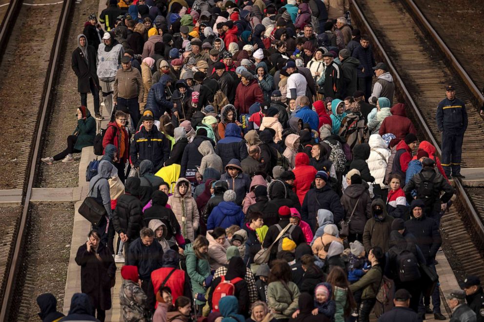 PHOTO: People wait to board a train at Kramatorsk central station as they flee the eastern city of Kramatorsk in Ukraine on Tuesday, April 5, 2022.