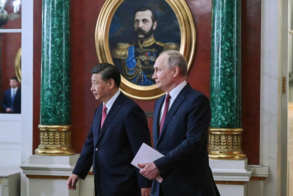 PHOTO: Russian President Vladimir Putin and China's President Xi Jinping arrive for a signing ceremony following their talks at the Kremlin in Moscow on March 21, 2023.