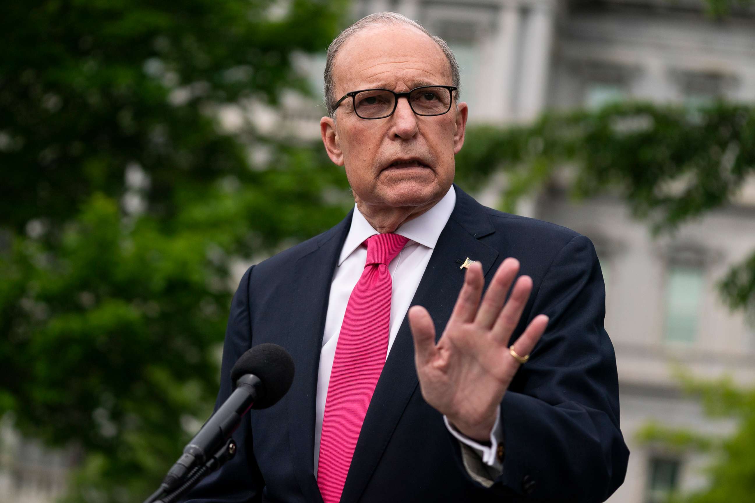 PHOTO: White House chief economic adviser Larry Kudlow speaks to reporters about the unemployment numbers caused by the coronavirus, at the White House, May 8, 2020, in Washington.