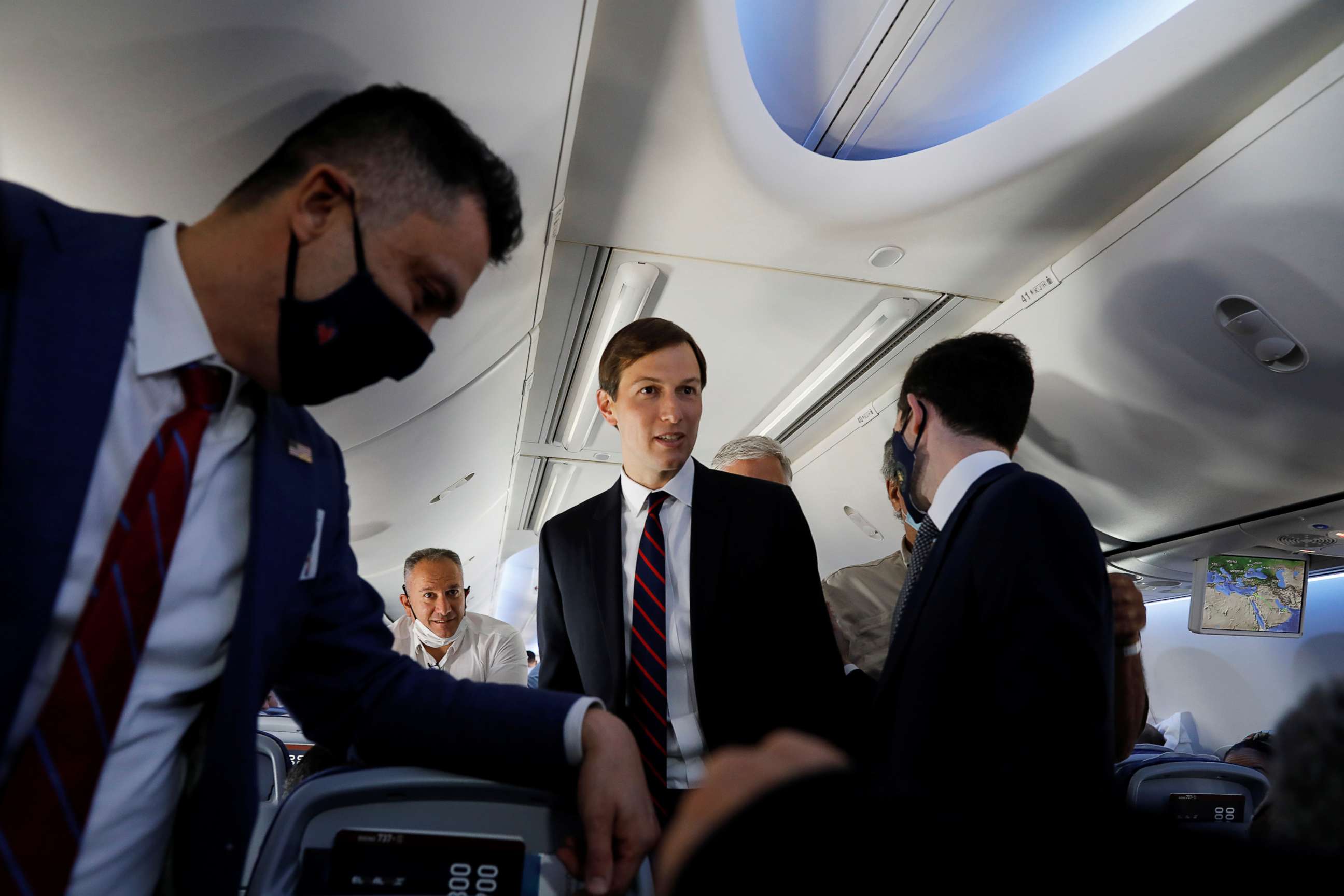 PHOTO: President's senior adviser Jared Kushner looks on during a flight on an Israeli carrier El Al airliner carrying Israeli and American delegates to Abu Dhabi, United Arab Emirates, Aug. 31, 2020.