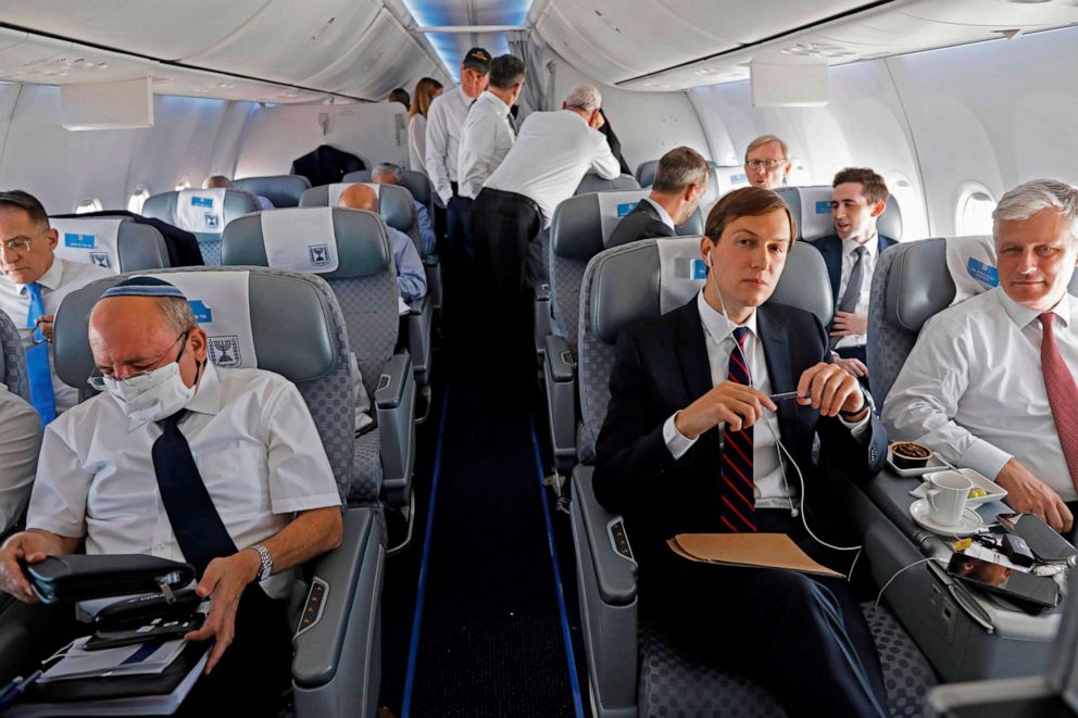 PHOTO: Presidential Adviser Jared Kushner, center, National Security Adviser Robert OBrien and Head of Israel's National Security Council Meir Ben-Shabbat sit in their seat upon landing on the tarmac, Aug. 31, 2020.