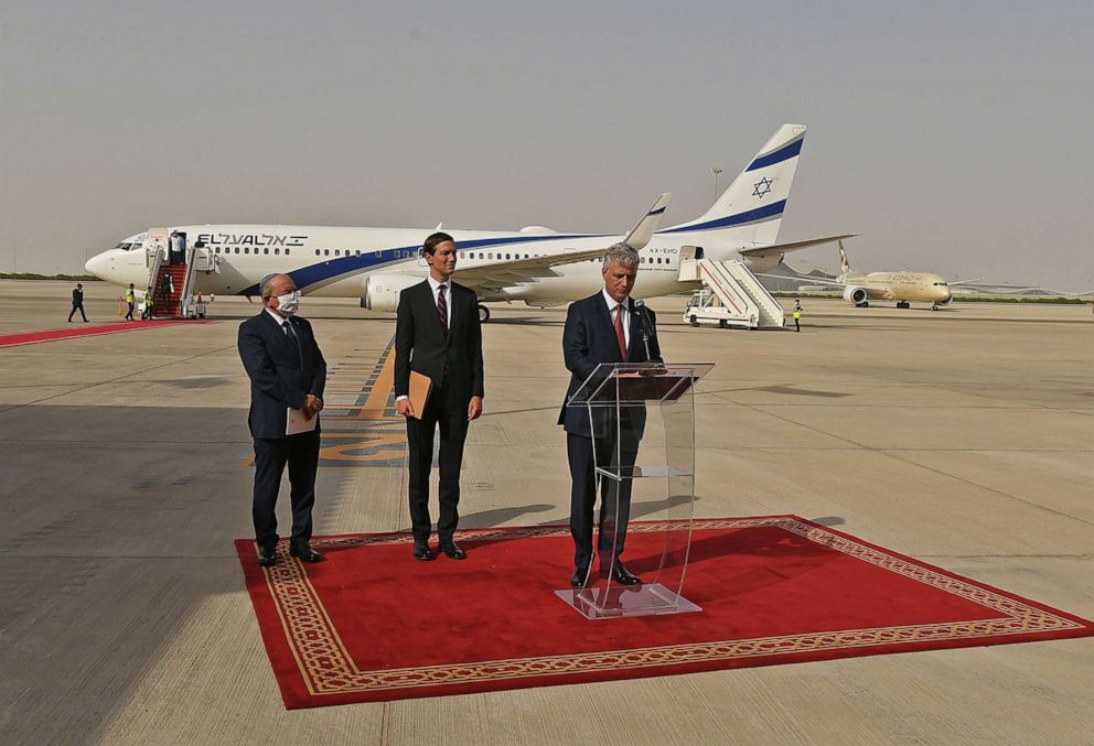 PHOTO: National Security Adviser Robert O'Brien delivers a speech, as part of an Israeli-American delegation, at the Abu Dhabi airport, Aug. 31, 2020, in the first-ever commercial flight from Israel to the UAE.