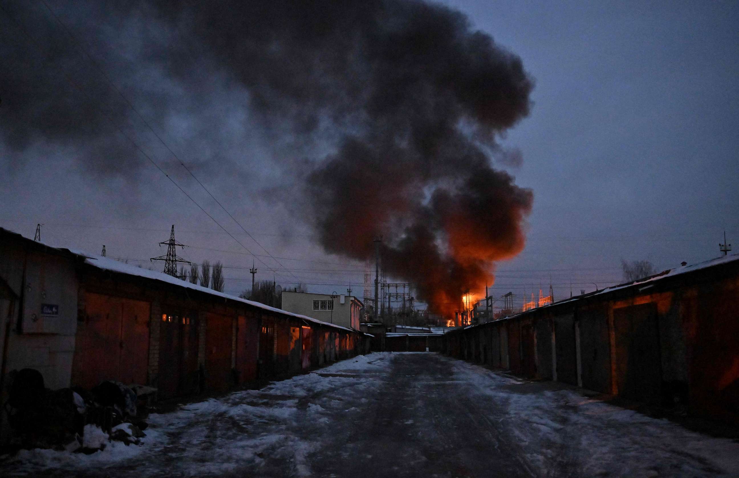 PHOTO: Power infrastructure burns after a drone attack to Kyiv, amid the Russian invasion of Ukraine, on Dec. 19, 2022.