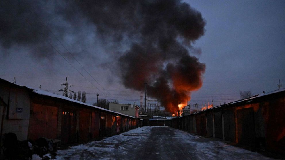 PHOTO: Power infrastructure burns after a drone attack to Kyiv, amid the Russian invasion of Ukraine, on Dec. 19, 2022.