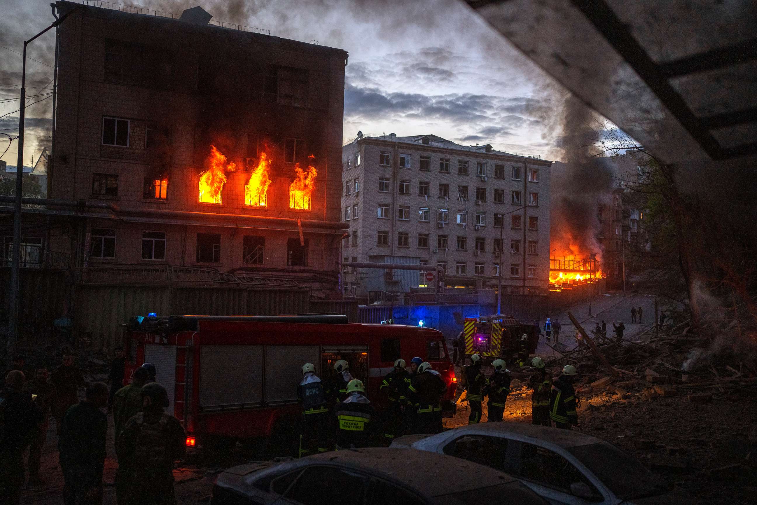 PHOTO: Emergency services work in the area following an explosion in Kyiv, Ukraine, on April 28, 2022.