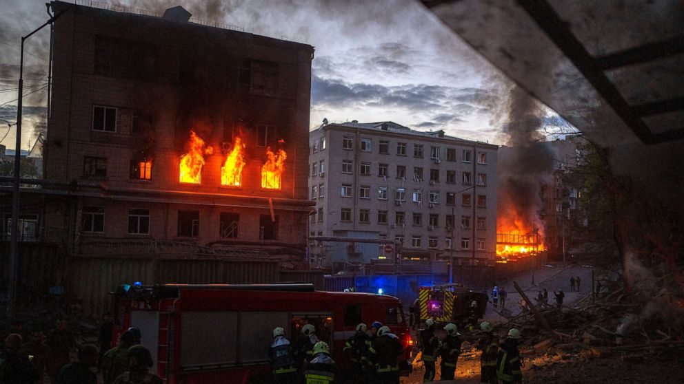 PHOTO: Emergency services work in the area following an explosion in Kyiv, Ukraine, on April 28, 2022.