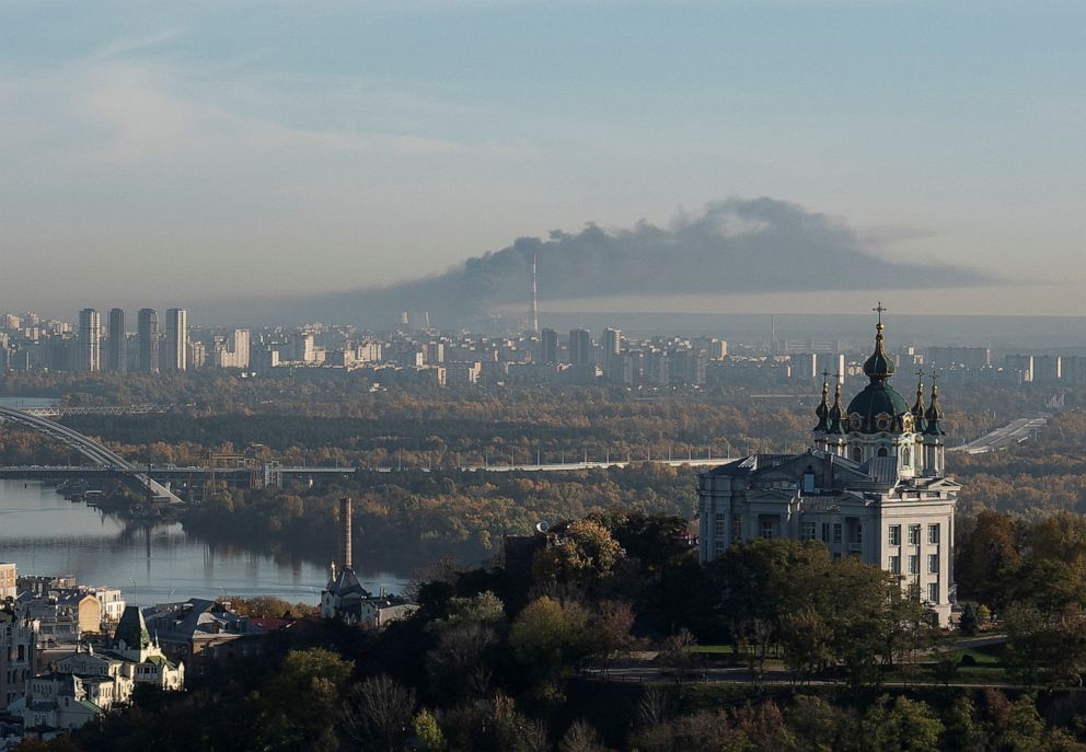 PHOTO: Smokes rises on outskirts of the city during a Russian missile attack, as their invasion of Ukraine continues, in Kyiv, Ukraine, on Oct. 18, 2022.