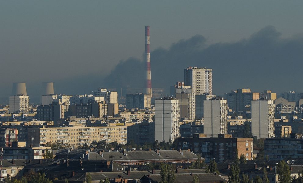 PHOTO: Smokes rises on outskirts of the city during a Russian missile attack, as their invasion of Ukraine continues, in Kyiv, Ukraine, on Oct. 18, 2022.